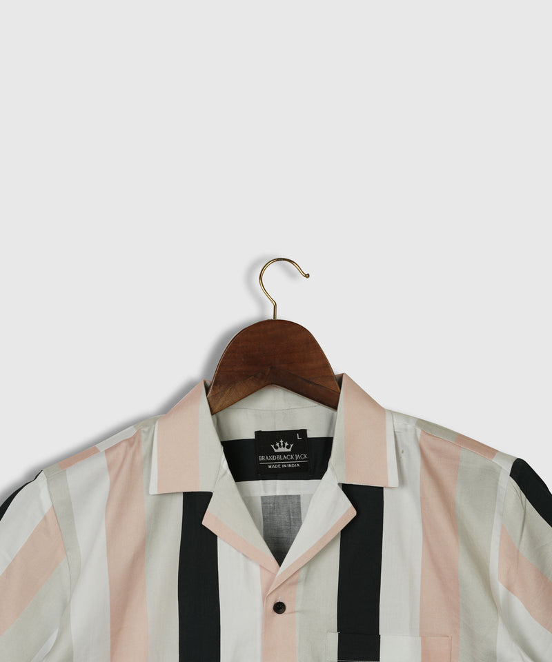 Revere Collar Striped Pure Cotton Shirt In Peach by Brand Black Jack
