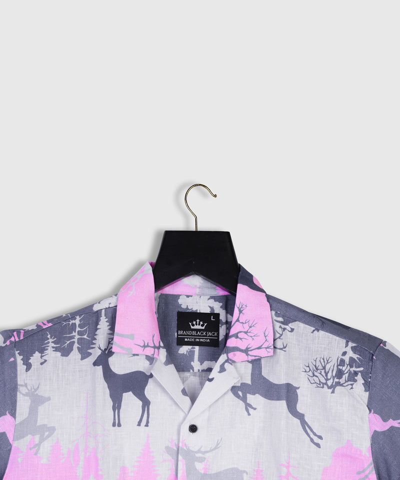 Winter Seamless Pattern with Silhouettes of Deer, Forest and Trees on a Pink, Gray and Lilac  Linen Shirts By Brand Black Jack