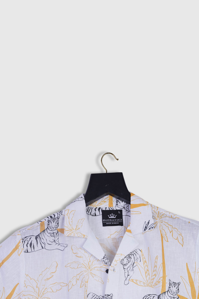 Pure Linen Palm Jungle Amazing Tiger Printed Shirt For Man By Brand Black Jack