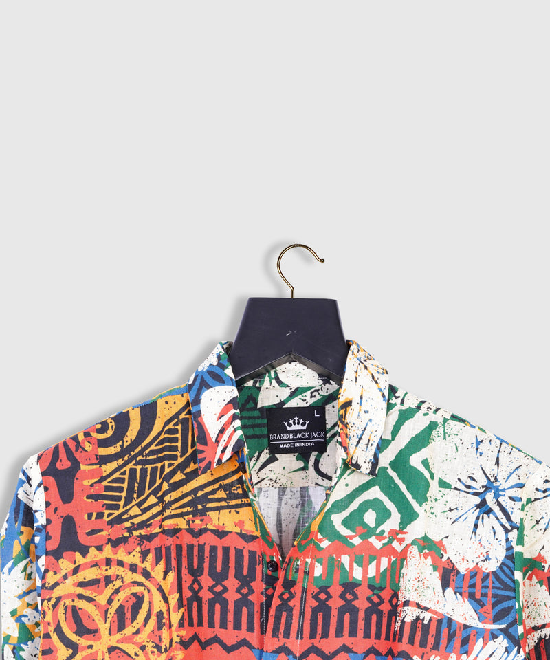 Hawaiian Tribal Elements and Hibiscus Abstract Vintage Pattern Linen Mens Shirt by Black Jack