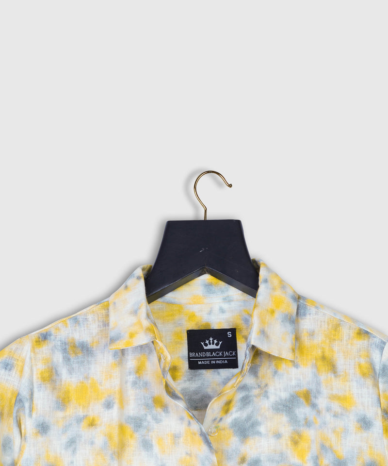 Tie Dye Shibori Pattern Long Sleeve Casual Pure Linen Shirt for Women by Brand Black Jack