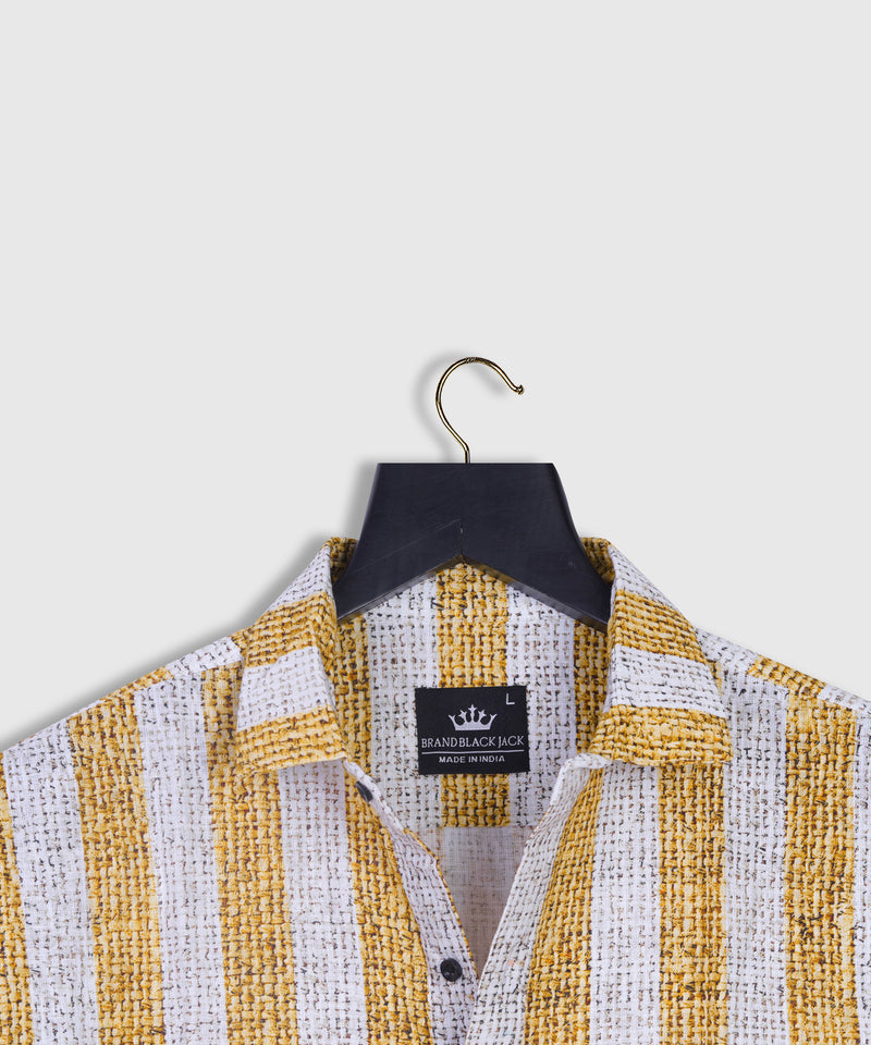 Pure Linen Yellow Striped Full Sleeve Shirt For Man By Brand Black Jack