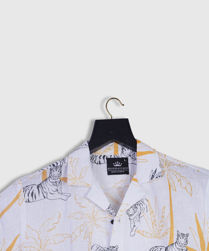 Sumatra, with Tigers in Wild Print Made by Indonesian Artist Linen Cuban Mens Shirt by Black Jack