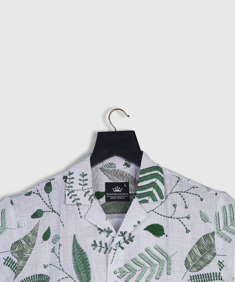Pure Linen Looking Embroidery Leaf Printed Shirt For Men By Brand Black Jack