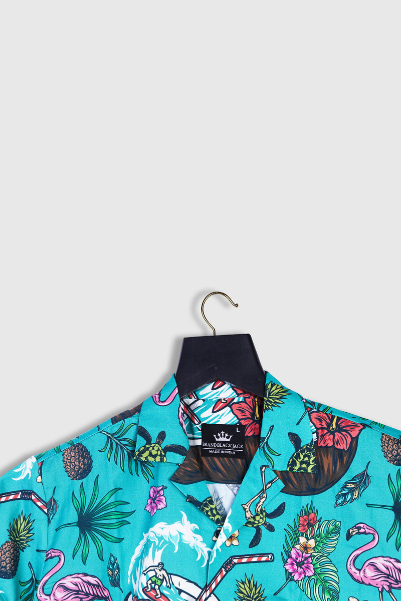 Pure Cotton Colorfull Scene For Beach Coconut in Surfing Man-Leaf And Flamigo Printed Shirt For Man By Brand Black Jack