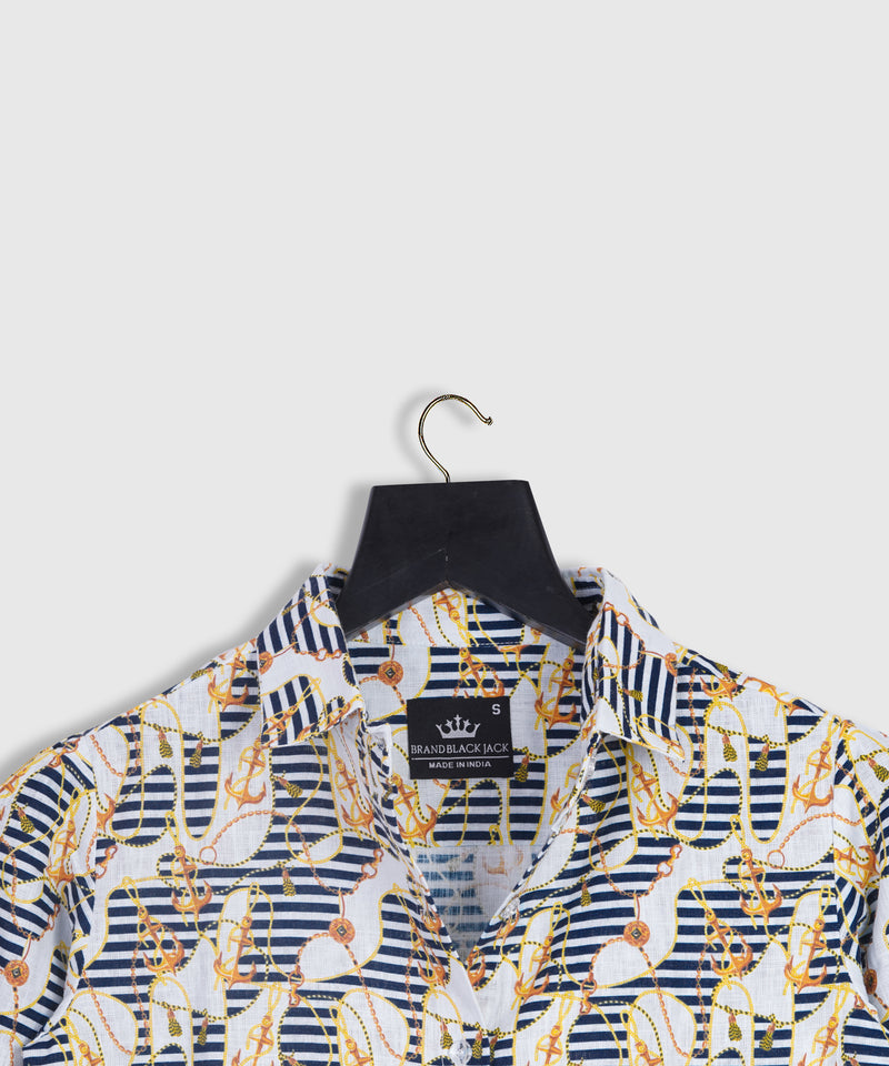 Linen Golden Chain Blue Strip Loop Printed Shirt By Brand Black jack