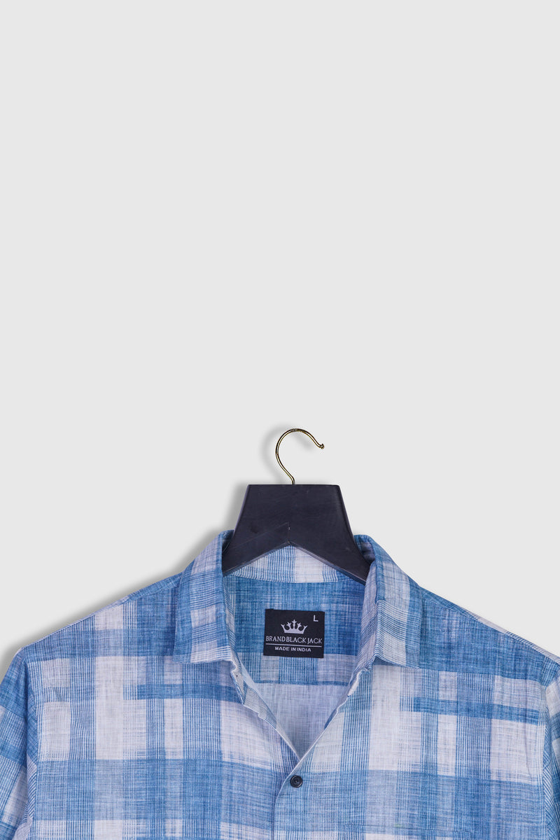 Pure Linen French Farmhouse Woven Blue Plaid Check Pattern Mens Shirt by Brand Black Jack