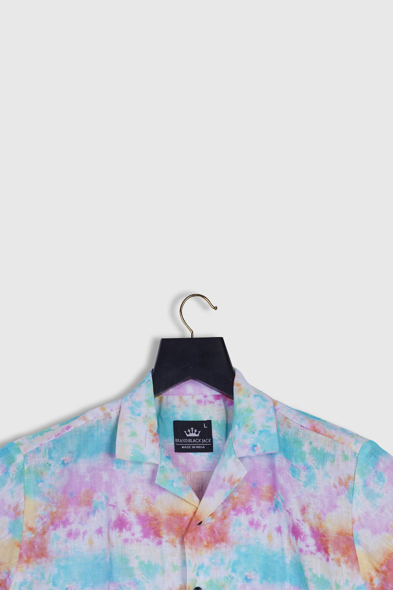 Pure Linen Colorfull Tie Die Smoke Print Multi Color Women Full Sleeve Shirt By Brand Black Jack