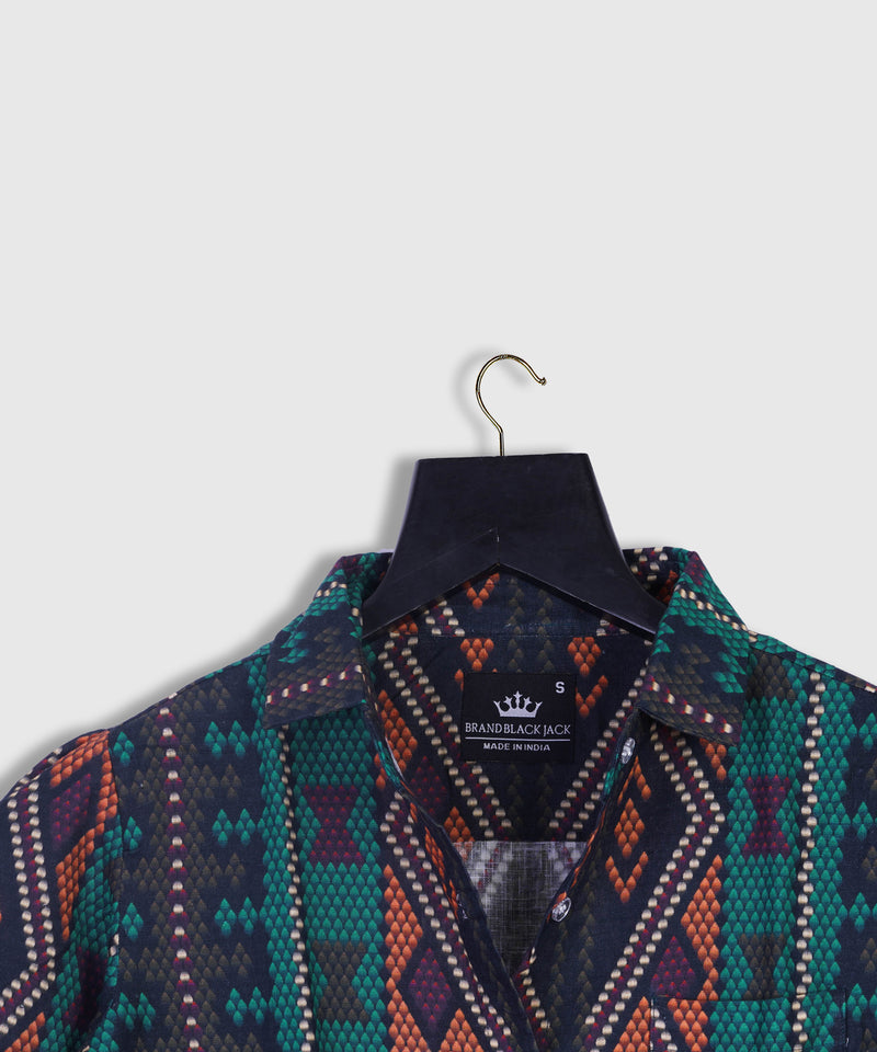 Linen  Al-Sadu embroidery bright, multicolor oriental ornaments Full Sleeve Printed Shirt By Brand Black Jack