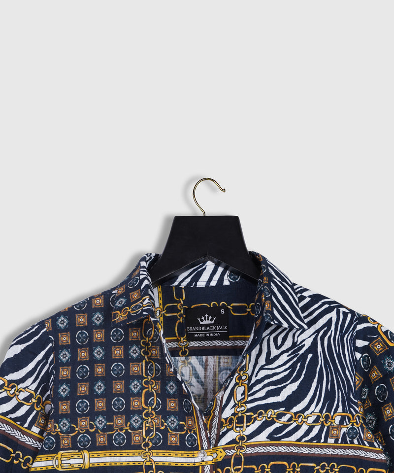 Golden Chain, Animal Print,Abstract Mix Printed Blue Color Linen Shirt By Brand Black Jack