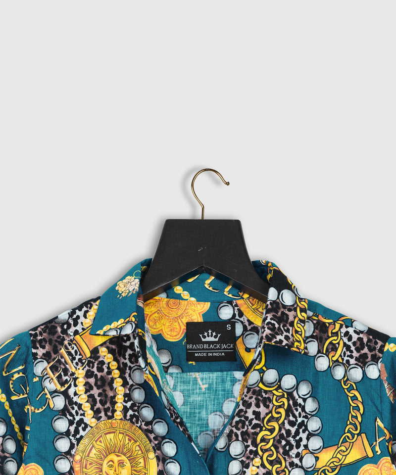 Gold Chain, Belt and Leopard Skin Pattern Women Linen Shirt Tops by Brand Black Jack