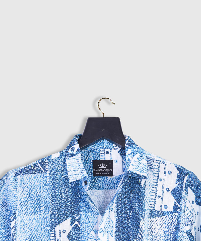 Abstract Denim Distressed patchwork with Boho Style Urban Motif Print Pure Linen Mens Shirt by Black Jack