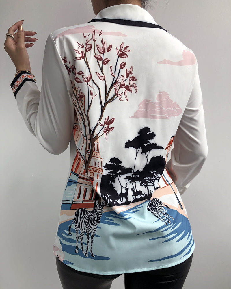 Landscape Print Button Design Long Sleeve Shirt