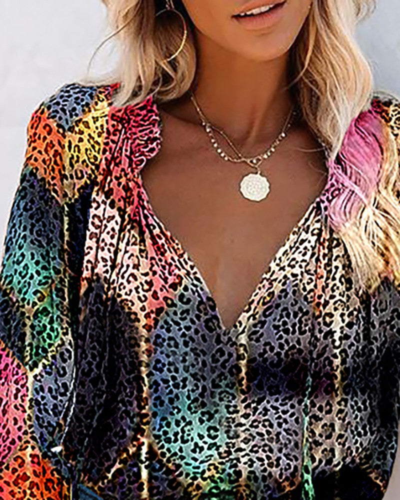 Lantern Sleeve Cheetah Print Colorblock Shirt