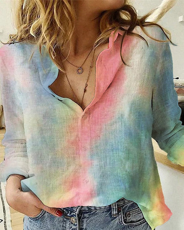 Tie Dye Print Long Sleeve Casual Pure Linen Shirt for Women by Brand Black Jack