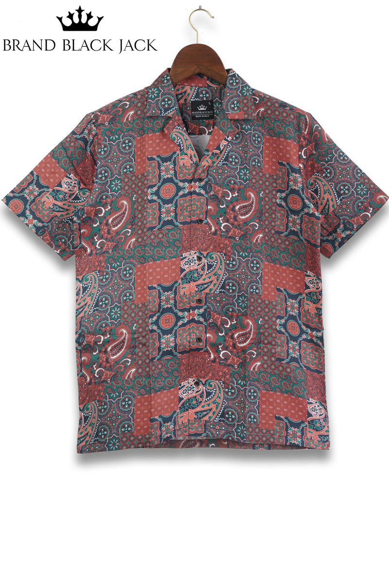 Cashmere Paisley Patchwork Abstract Pattern Cuban Style Mens Printed Premium Cotton Shirts by Black Jack