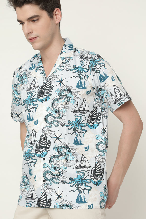 Pattern of Asian Dragon, Octopus and Sea Voyages Mens Printed Premium Cotton Shirt by Black Jack