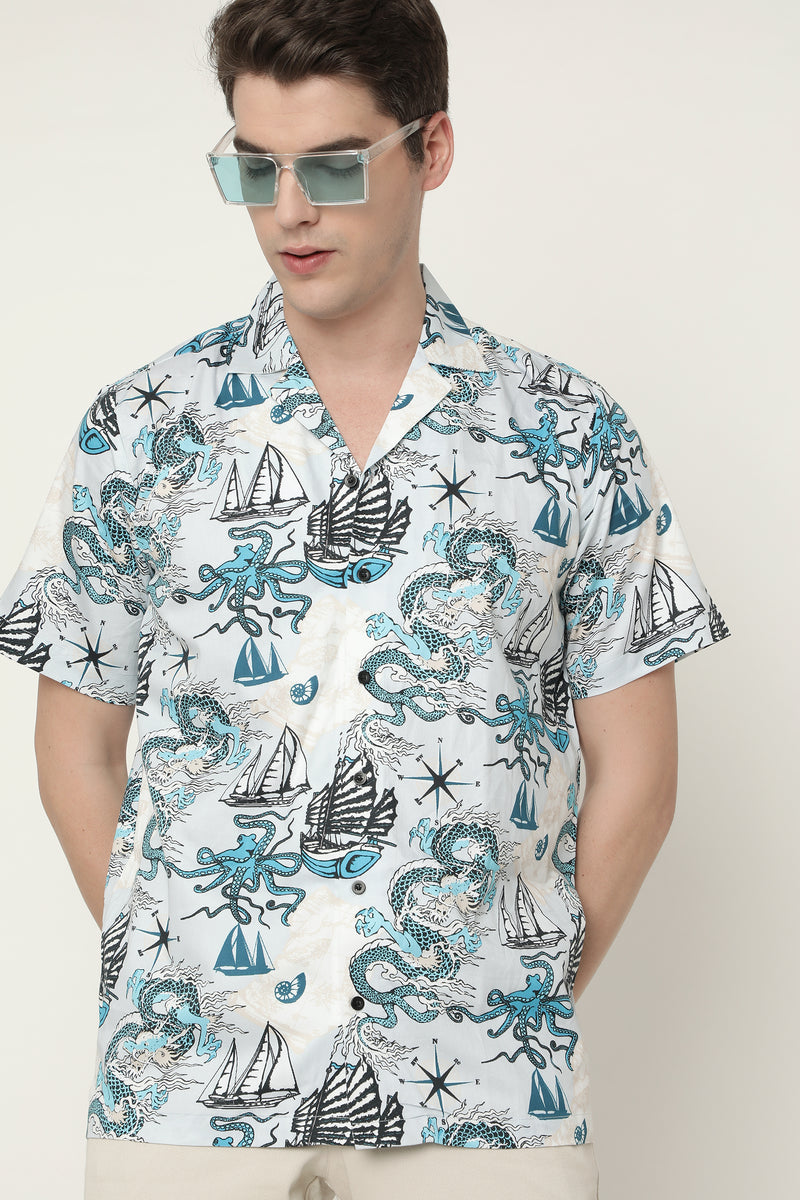 Pattern of Asian Dragon, Octopus and Sea Voyages Mens Printed Premium Cotton Shirt by Black Jack