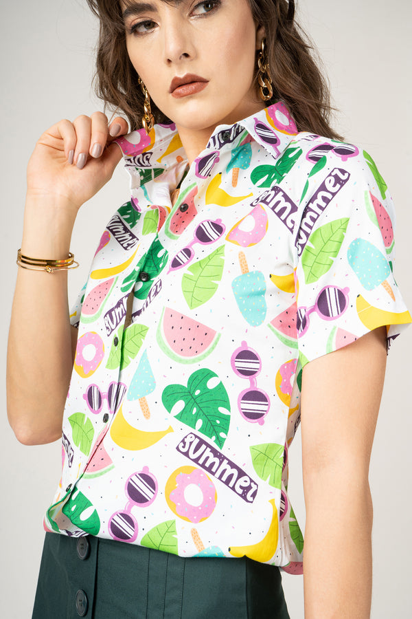 Summer Print with Cartoon, Ice Cream, Glasses, Watermelons, Bananas, Leaves Pure Cotton Women Shirt by Black Jack