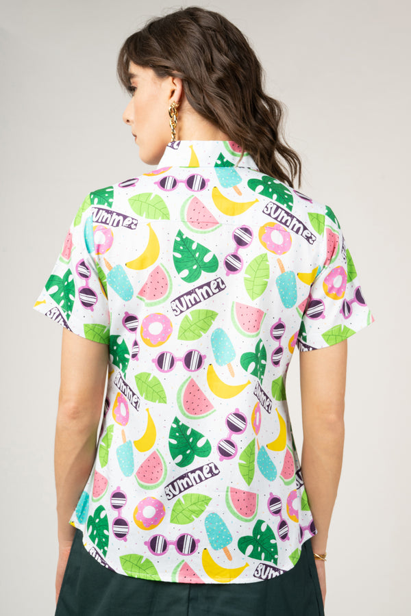 Summer Print with Cartoon, Ice Cream, Glasses, Watermelons, Bananas, Leaves Pure Cotton Women Shirt by Black Jack