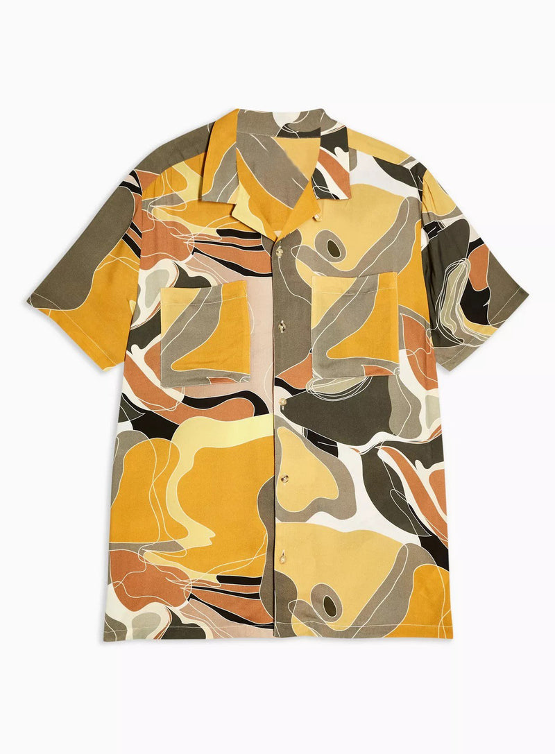 Khaki Marble Abstract Print Slim Shirt