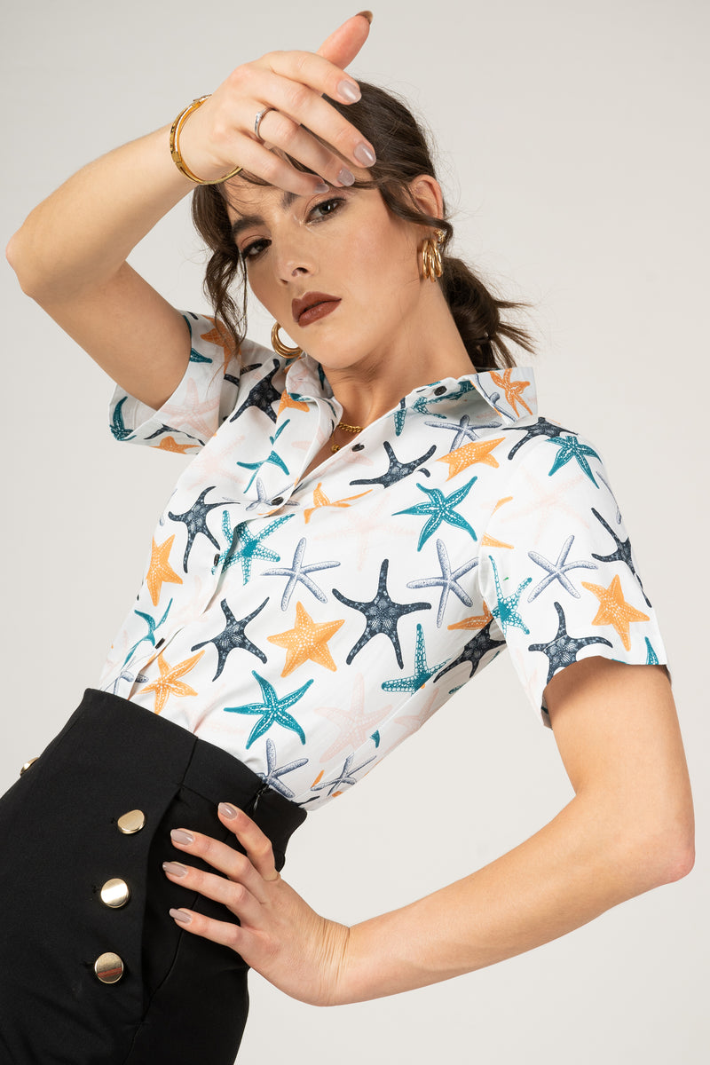 Hand Drawn StarFishes Pastel Colors Women Printed Premium Cotton Shirt by Brand Black Jack