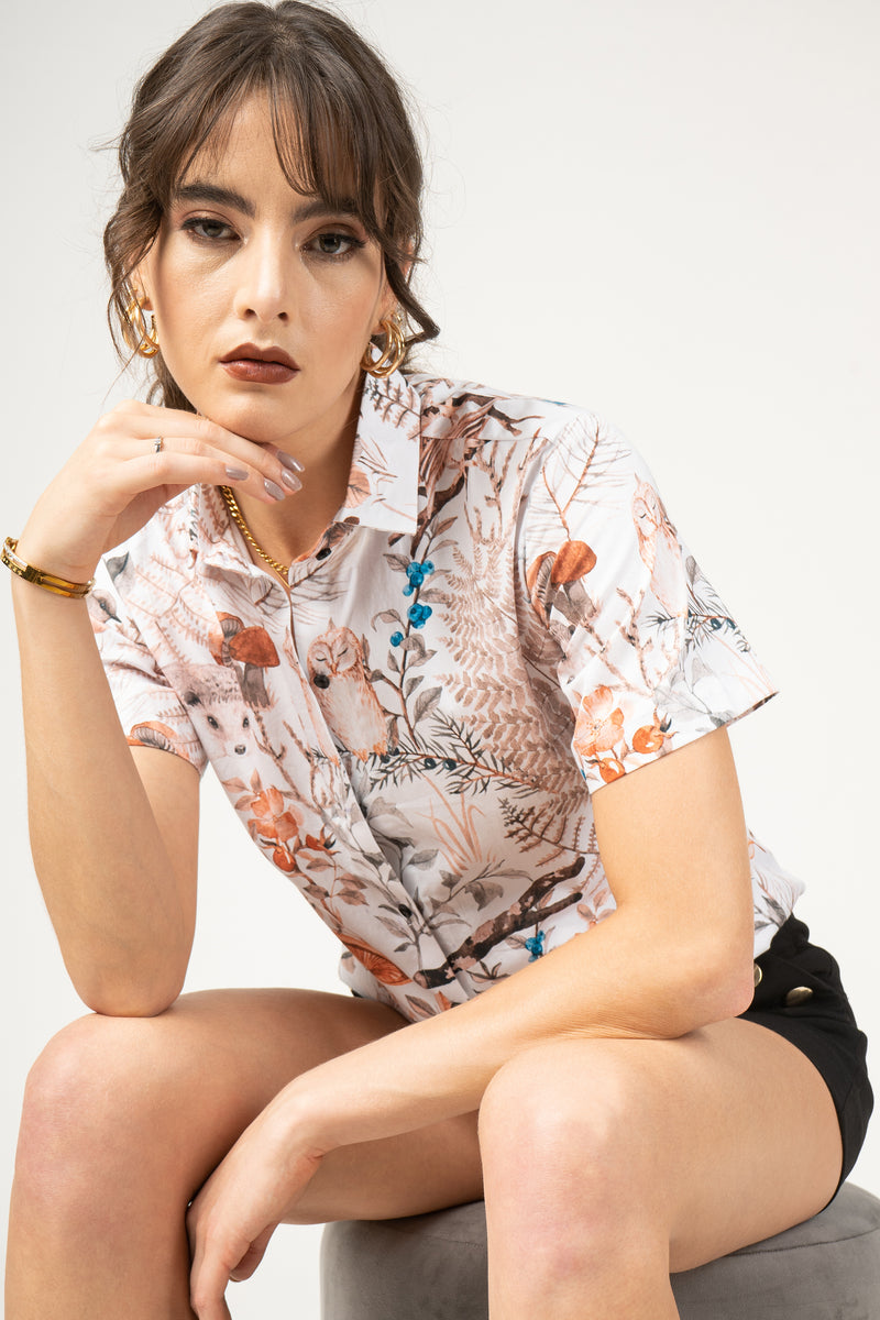 Hand Drawn Pattern With WaterColor Forest Cute Animal and Plants Women Printed Pure Cotton Shirt