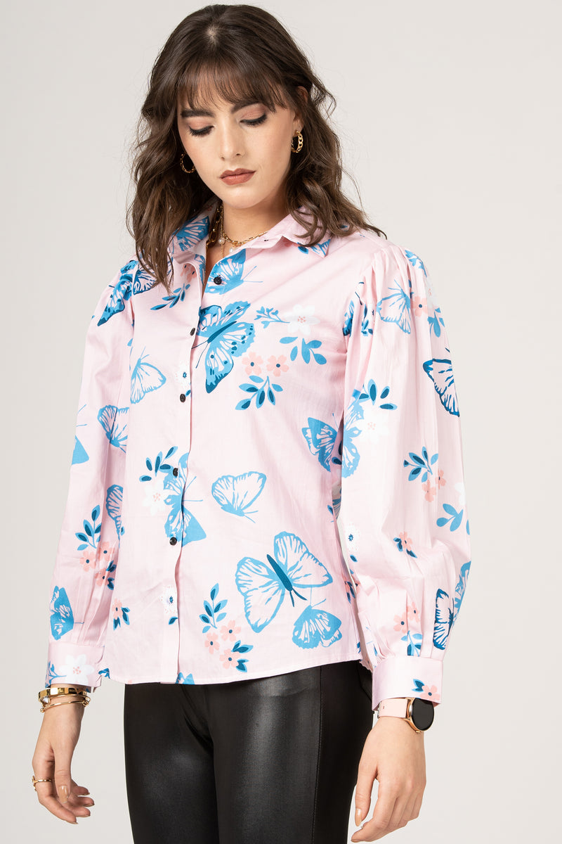 Designer Full Sleeve Blouse Pure Cotton Butterfly Pattern Women Shirt by Brand Black Jack