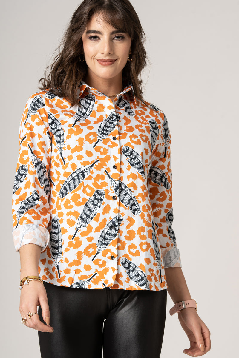 Pure Cotton Pattern of Feathers on Animal Print Women Shirt by Brand Black Jack