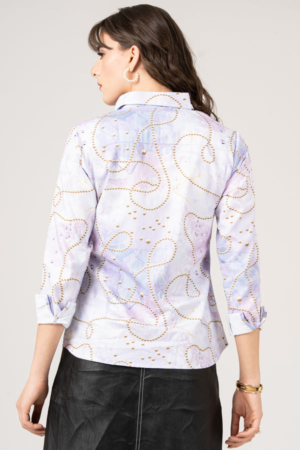 Pearls Beads Light Violet Color with Doodle Lines, Scribbles Women Pure Cotton Print Shirt by Black Jack