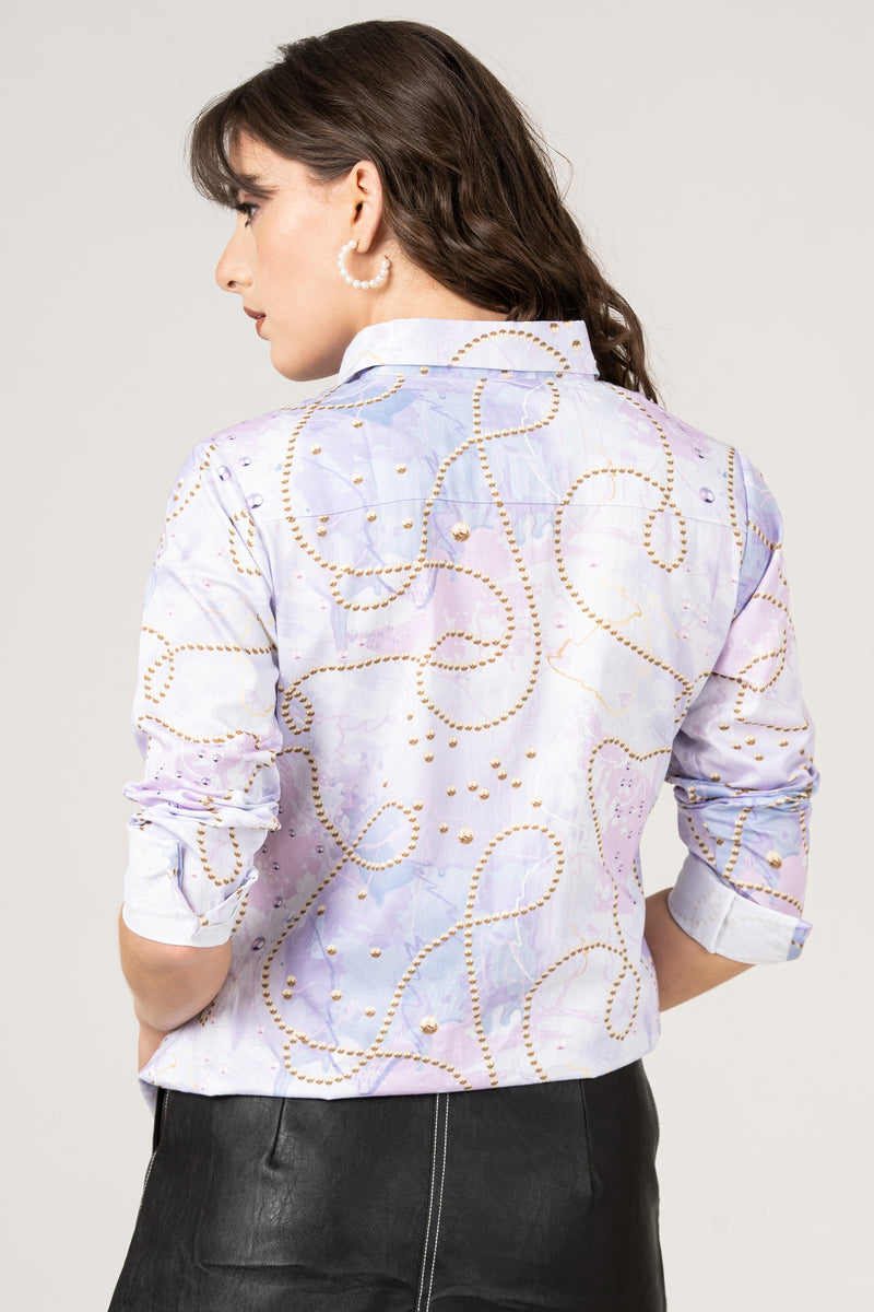 Pearls Beads Light Violet Color with Doodle Lines, Scribbles Women Pure Cotton Print Shirt by Black Jack