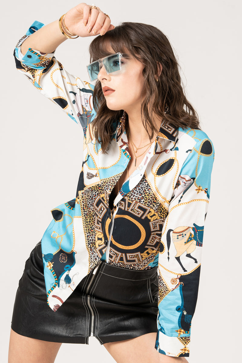 Pure Cotton Chain Pattern, Horses and Leopard Skin Print Women Shirt by Black Jack
