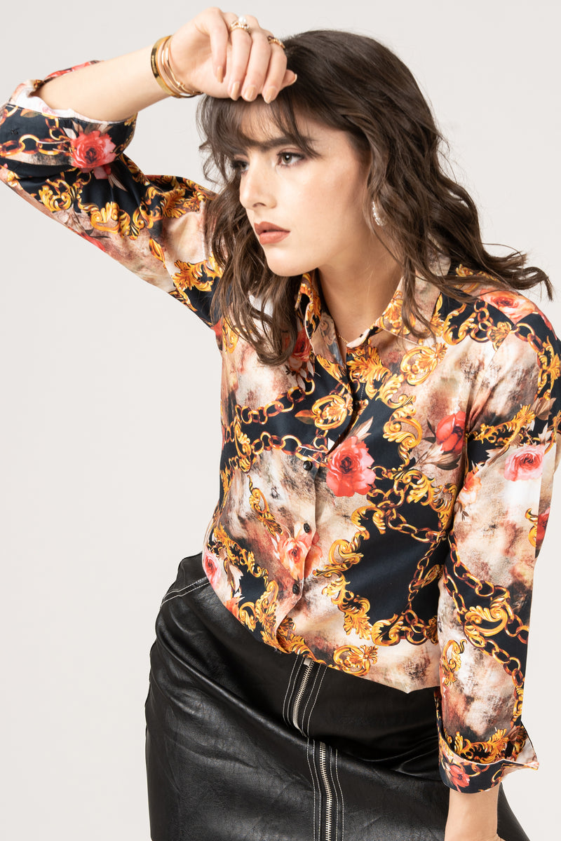 Pure Cotton Golden Baroque with Gold Chain and Pink Roses Women Shirt by Black Jack