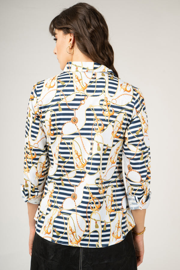 Golden Anchor, Coins and Chains Print Pure Cotton Women Shirt by Black Jack