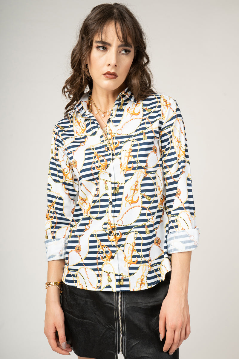 Golden Anchor, Coins and Chains Print Pure Cotton Women Shirt by Black Jack