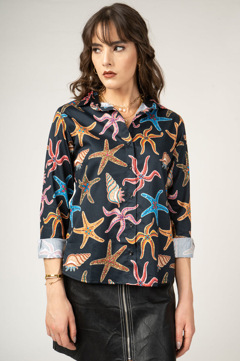 Starfish, Mussel Pattern with Glittering Gemstone Print Pure Cotton Women Shirt by Black Jack