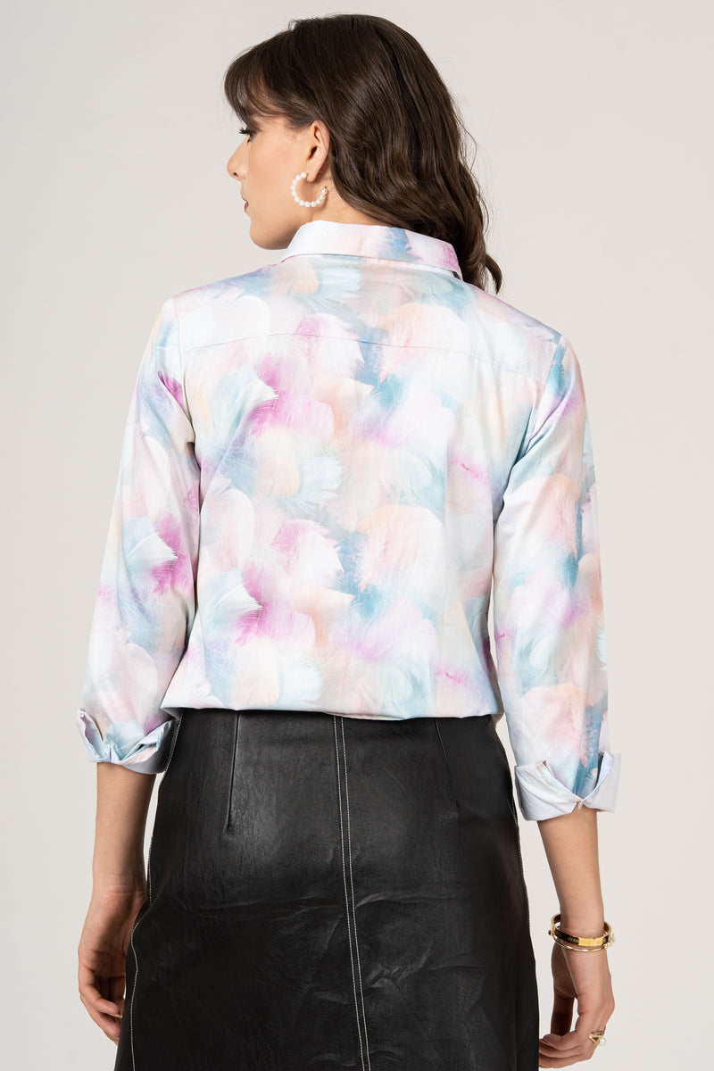 Multi-Colored Feathers of a Birds of Pastel Color Pure Cotton Women Shirt by Black Jack