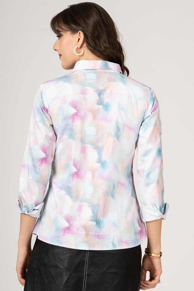 Multi-Colored Feathers of a Birds of Pastel Color Pure Cotton Women Shirt by Black Jack