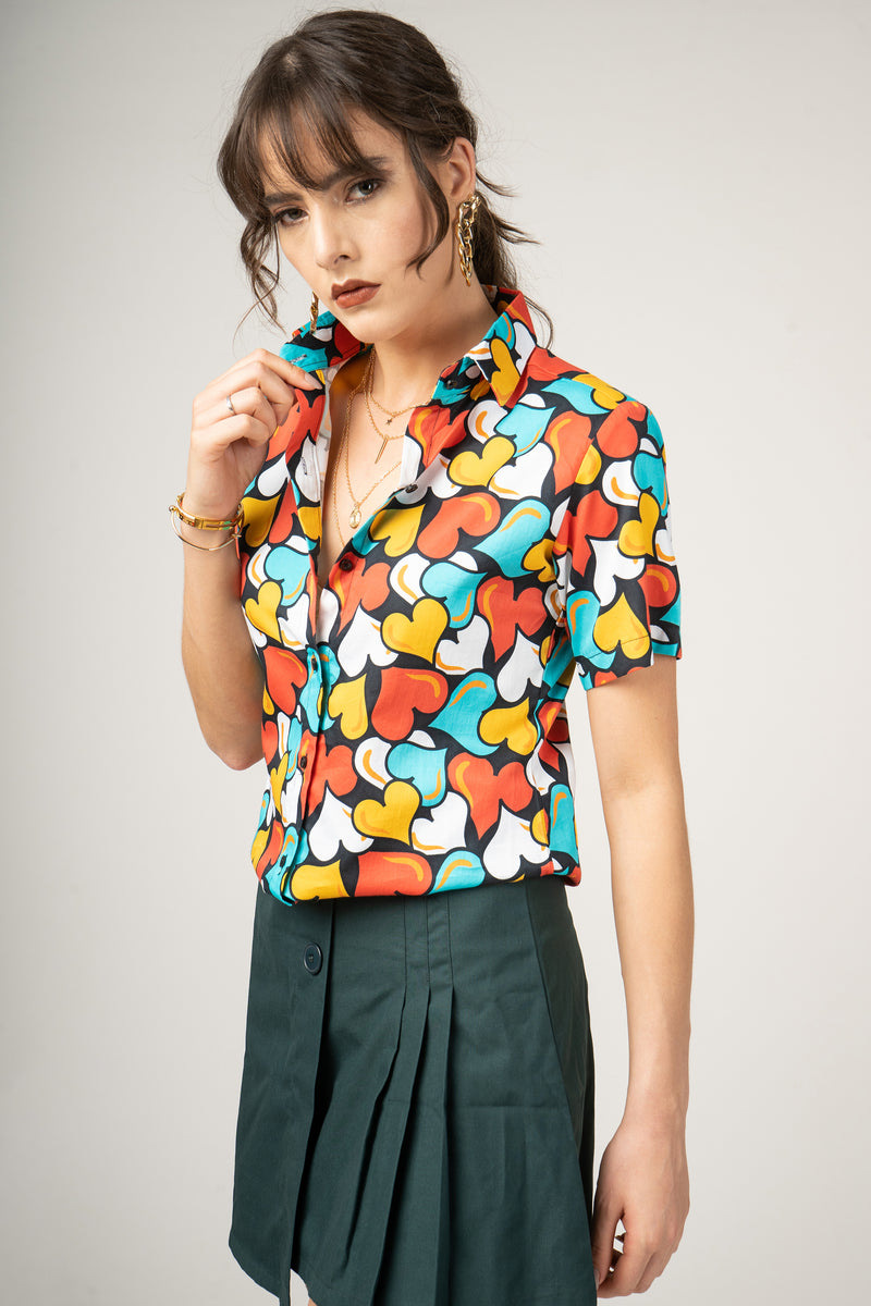 Colored Heart Abstract Pattern in Graffiti Style Print Pure Cotton Women Shirt by Black Jack