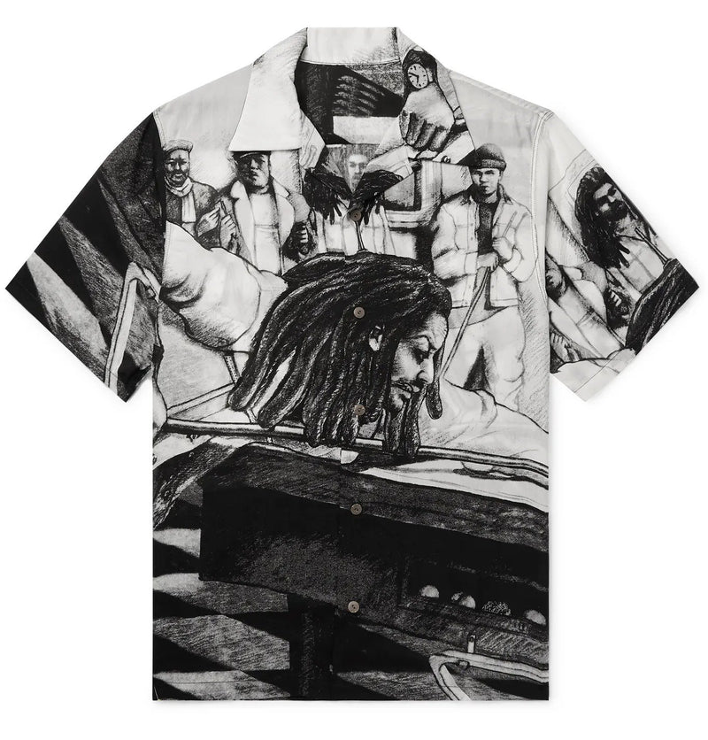 White Bob Marley Camp Collar Print Woven Shirt By Black Jack